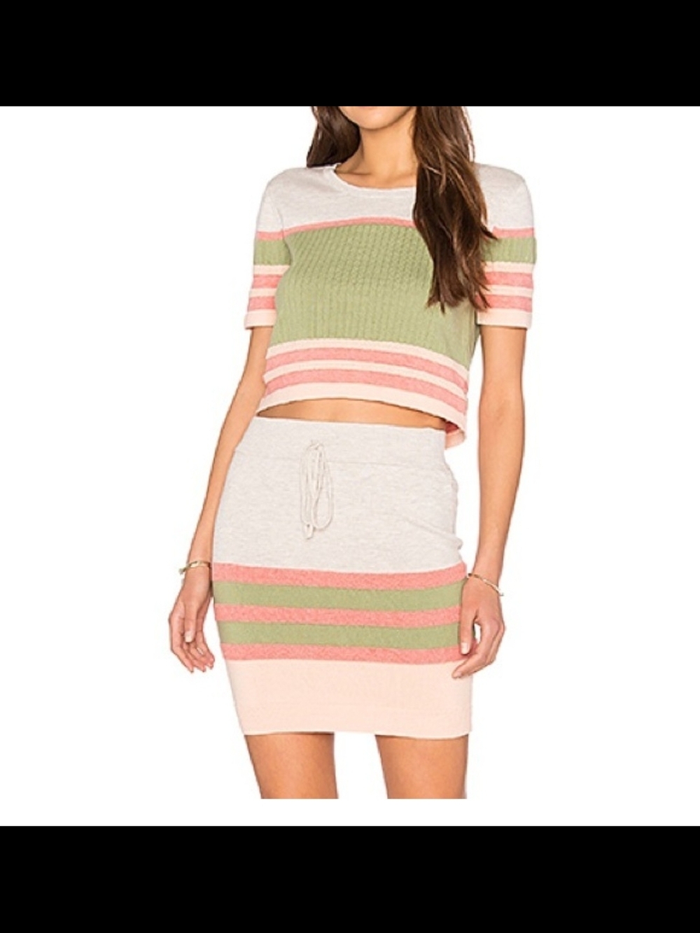 MINKPINK Striped Knit Set Mini Skirt & Crop Top in Pink, Green & Cream XS